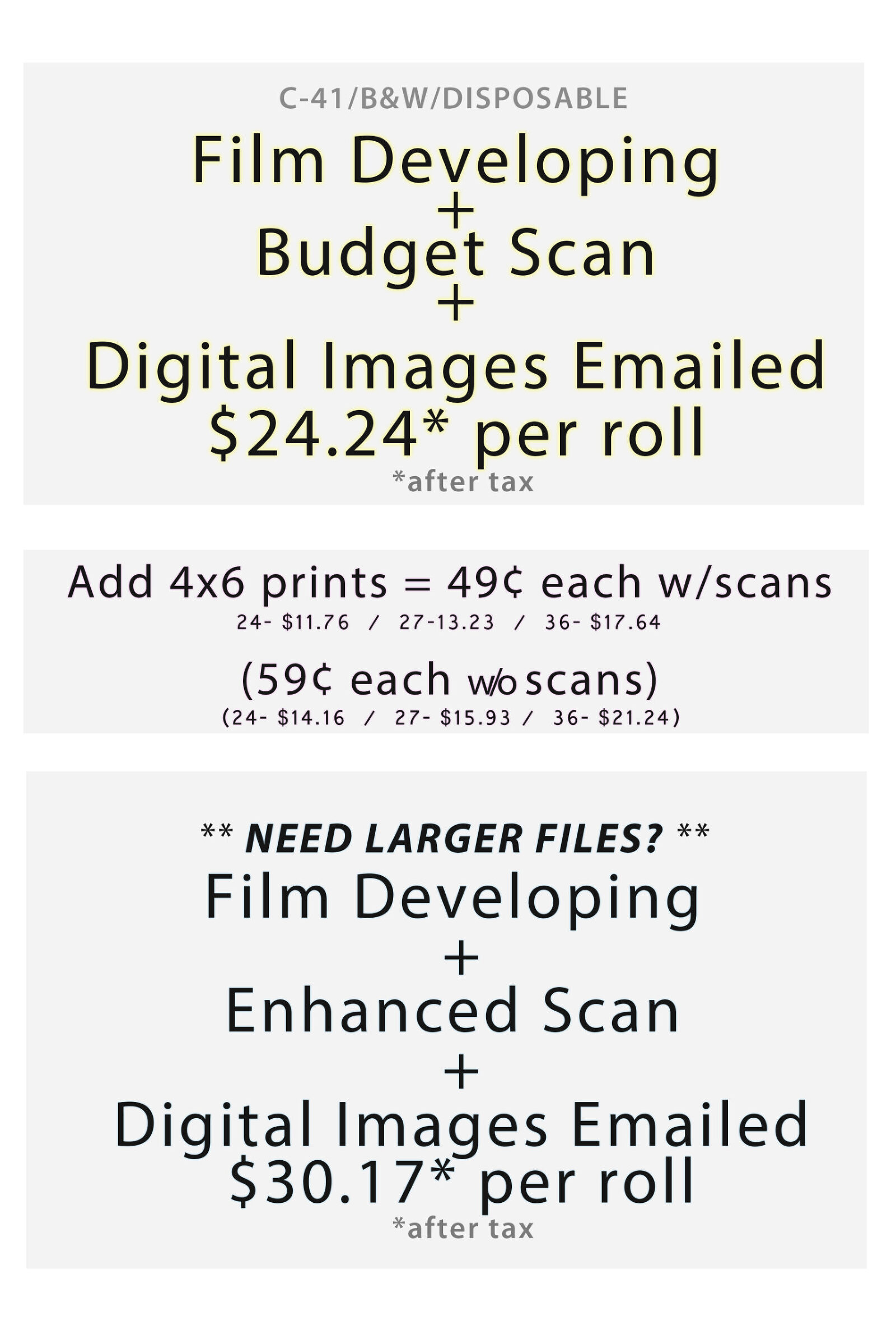the great American photo film development prices, $24.24, $30.17